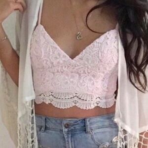 RUMOR BOUTIQUE Pink White Lace Coquette CottageCore Crop Top Size 8